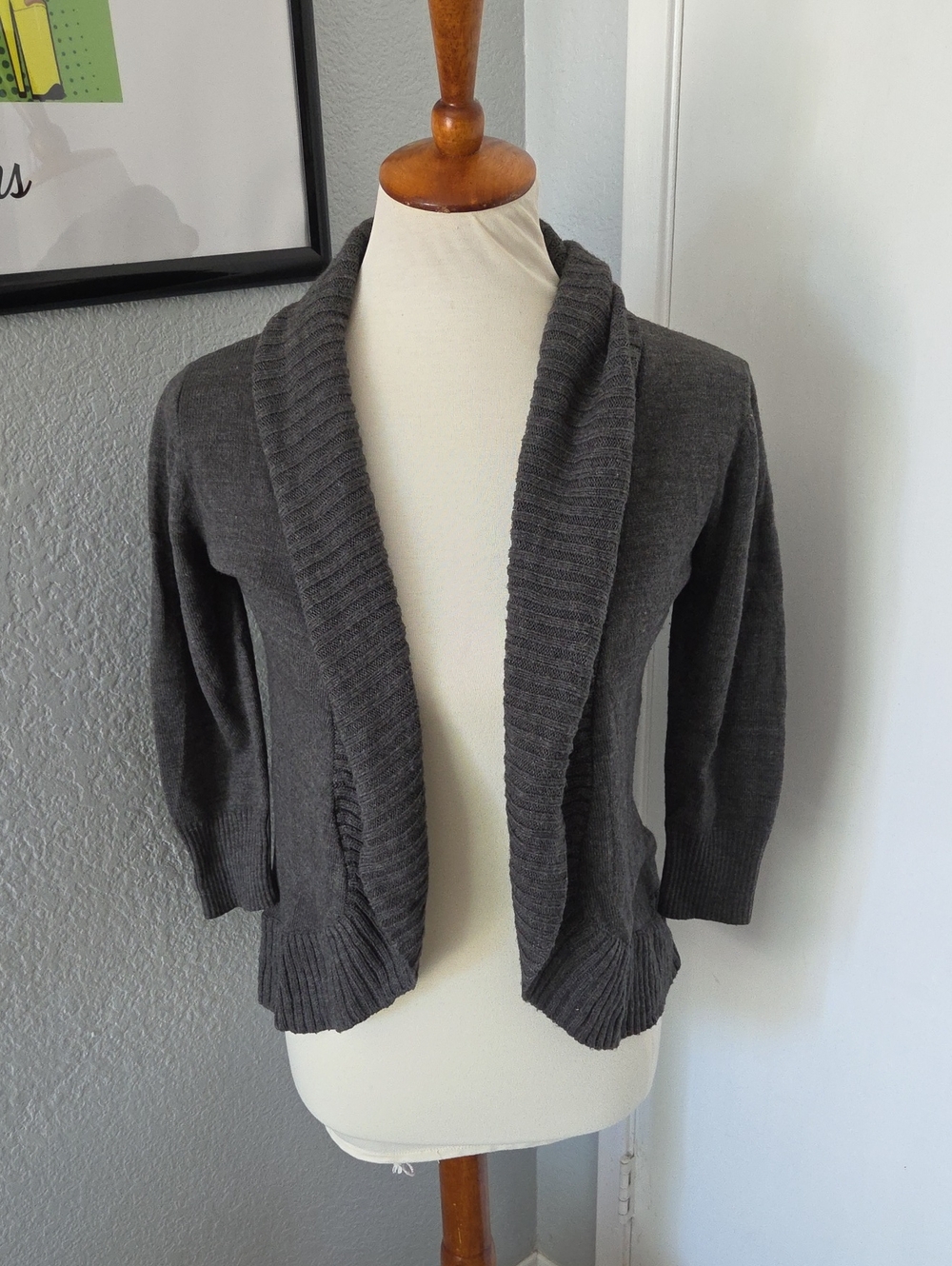 Iz Byer Charcoal Open Front Shawl Collar Cardigan